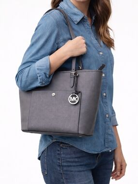 Michael Kors Gray Leather Tote Bag with MK Charm